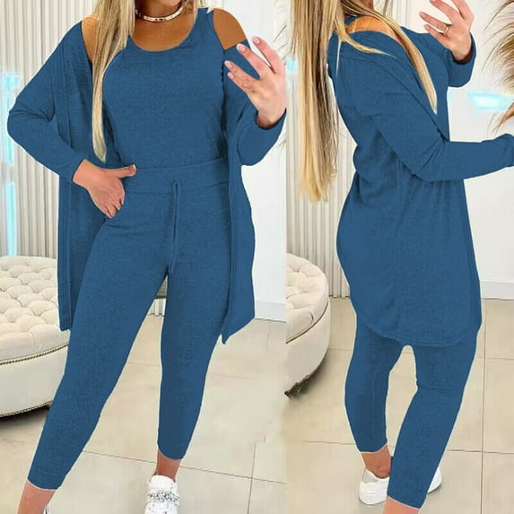 Women's Plus Size 3 Piece Outfits 3Pc Solid Color Tank Top Long Sleeve Coat Elastic Waist Long Pants Sets