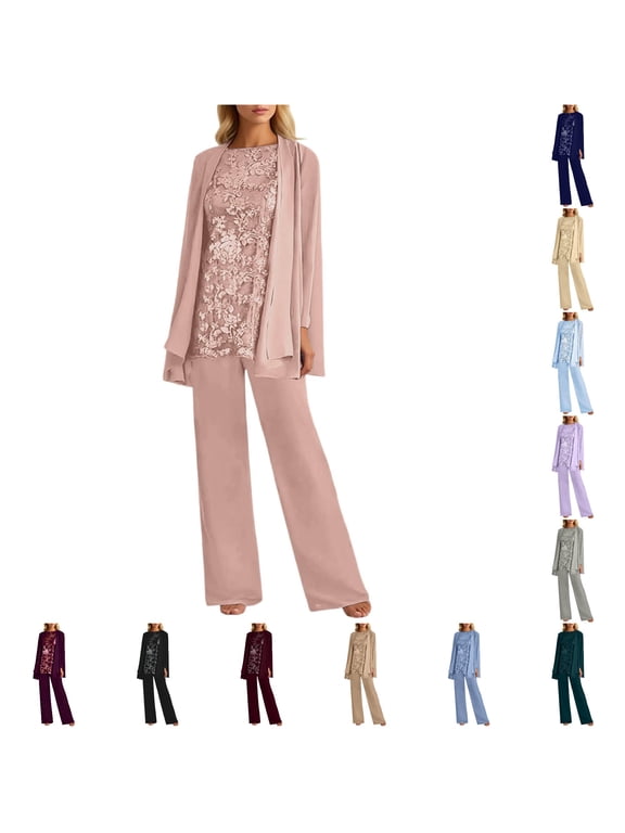 Women's Plus Size 3 Piece Set, Lace Chiffon Floral Long Sleeve Trousers Wedding Guest Attire