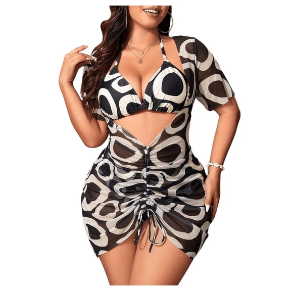 Women's Plus Size 3 Piece Swimsuits, Halter Triangle Bikini Set with Mesh Cover Up Dress, High Waisted Bathing Suits with Drawstring, Modest Printed Swimwear for Curvy Women