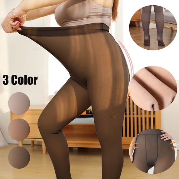 Women's Plus Size 320g Winter Tights, Faux-Sheer Opaque Pantyhose with Opaque Crotch, Thermal Thick Leggings for Cold Weather, Casual, School, Daily Wear, 3 Colors-Black