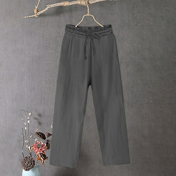 Women's Plus Size 4X Pants Cotton Linen Blend Straight Leg Casual Pants with Lace-up Waist