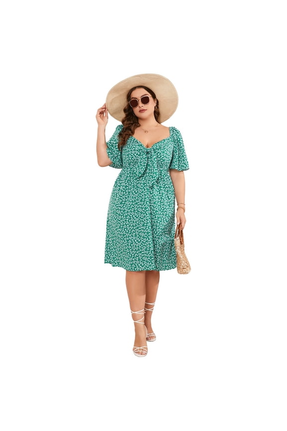Women's Plus Size A Line Dress Wrap V Neck Front Knotted Dress Knee Length Midi Swing Dress