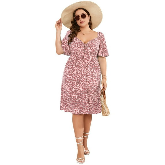 Women's Plus Size A Line Dress Wrap V Neck Front Knotted Dress Knee Length Midi Swing Dress
