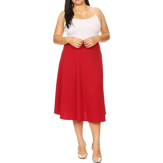 Women's Plus Size A-Line Flared Midi Skirt - Casual Solid with Elastic Band
