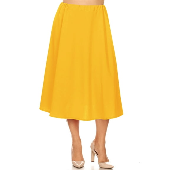 Women's Plus Size A-Line High Waist Elastic Band Pleated Solid Midi Skirt Made in USA