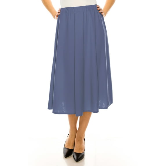 Women's Plus Size A-Line High Waist Elastic Band Pleated Solid Midi Skirt Made in USA