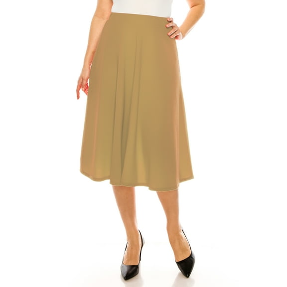 Moa Collection Women's Plus Size A-Line Casual Flared High Waist Elastic Band Solid Midi Skirt