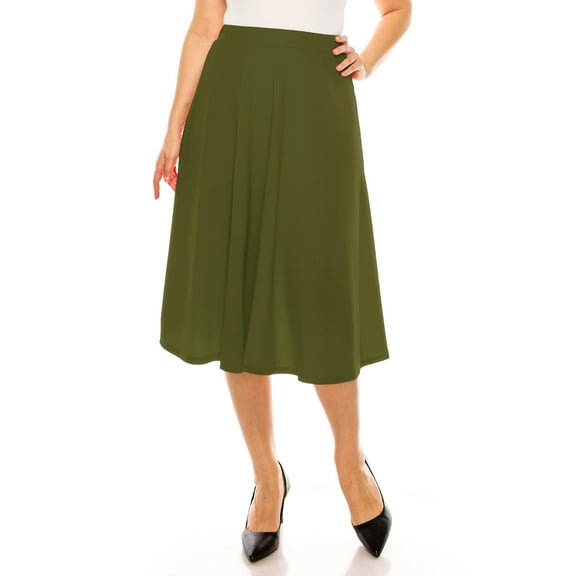 Moa Collection Women's Plus Size A-Line Casual Flared High Waist Elastic Band Solid Midi Skirt