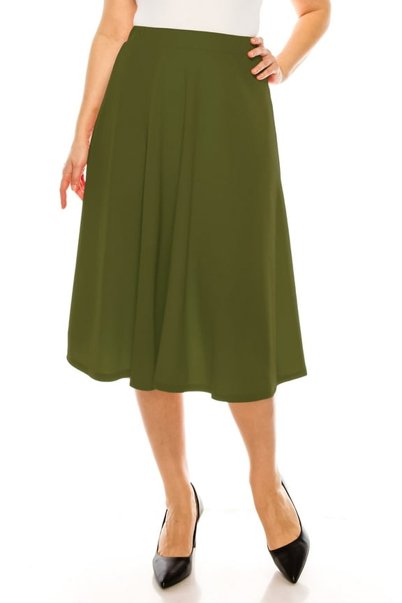 Moa Collection Women's Plus Size A-Line Casual Flared High Waist Elastic Band Solid Midi Skirt