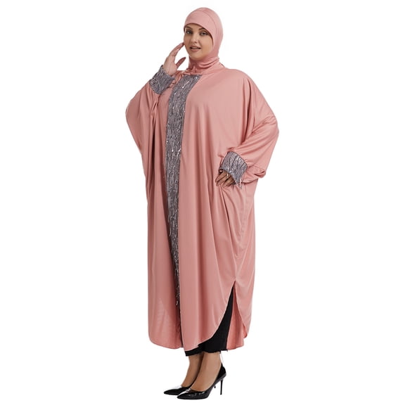 Women's Plus Size Abaya Maxi Dress Long Sleeve Batwing Sleeve Sequin Tassel Trim Loose Fit Caftan Robe Islamic Prayer Dress Elegant Evening Party Wedding Guest