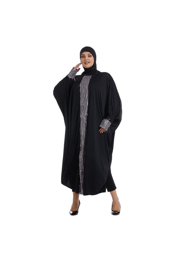 Women's Plus Size Abaya Maxi Dress Long Sleeve Batwing Sleeve Sequin Tassel Trim Loose Fit Caftan Robe Islamic Prayer Dress Elegant Evening Party Wedding Guest