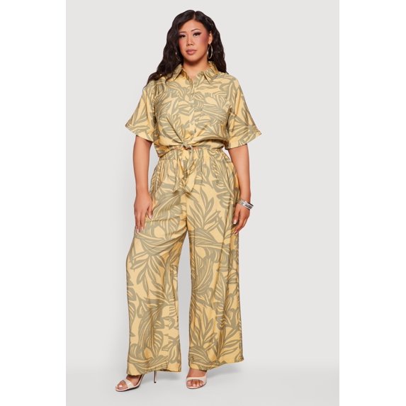 Women's Plus Size Abstract Leaf Print Wide Leg Pants