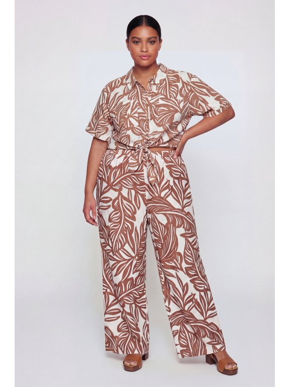 Women's Plus Size Abstract Leaf Print Wide Leg Pants