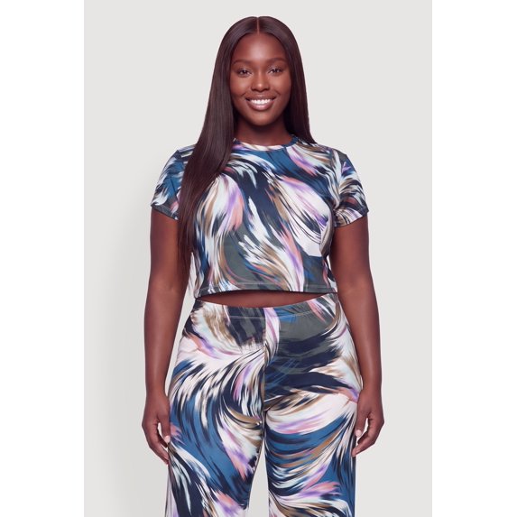 Women's Plus Size Abstract Print Short Sleeve Crop Top