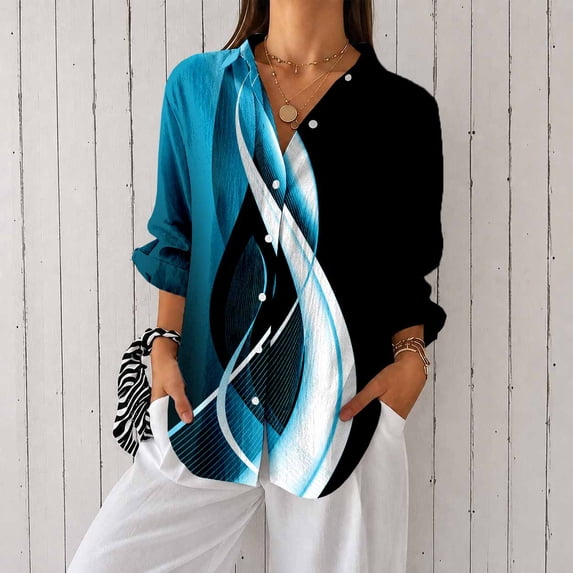 Women's Plus Size Abstract Wave Print Button Down Shirt, Long Sleeve Collared Casual Blouse
