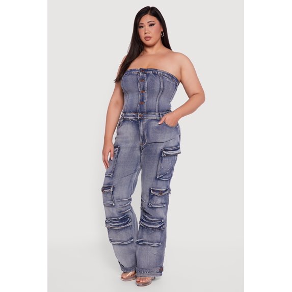Women's Plus Size Acid Wash Cargo Pocket Button Front Jumpsuit