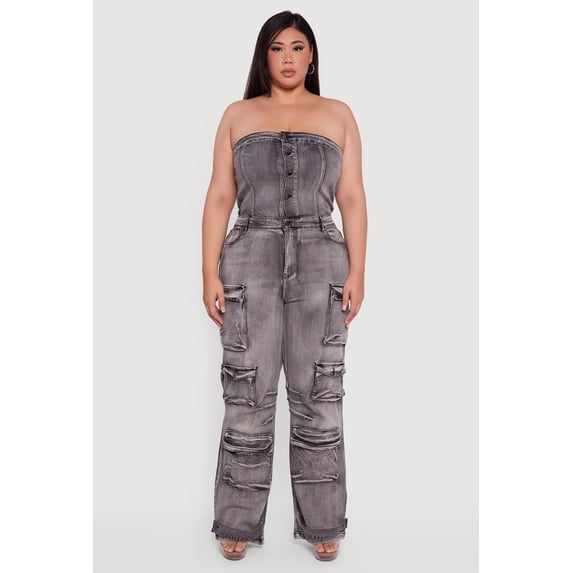 Women's Plus Size Acid Wash Cargo Pocket Button Front Jumpsuit