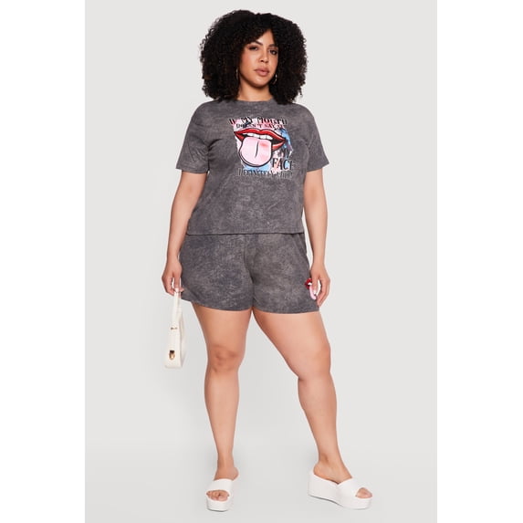 Women's Plus Size Acid Wash Lip Graphic Shorts