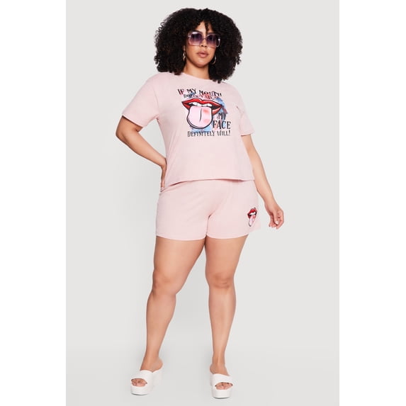Women's Plus Size Acid Wash Lip Graphic Shorts