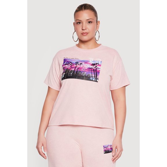 Women's Plus Size Acid Wash Los Angeles Graphic Crew Neck T-Shirt