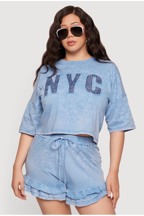 Women's Plus Size Acid Wash NYC Graphic Cropped Tee