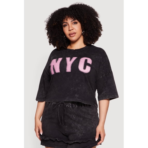 Women's Plus Size Acid Wash NYC Graphic Cropped Tee