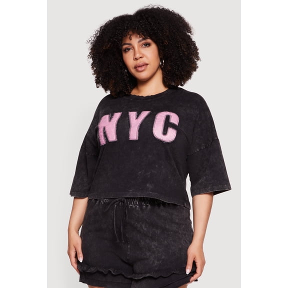Women's Plus Size Acid Wash NYC Graphic Cropped Tee