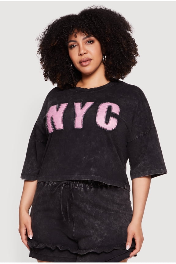 Women's Plus Size Acid Wash NYC Graphic Cropped Tee