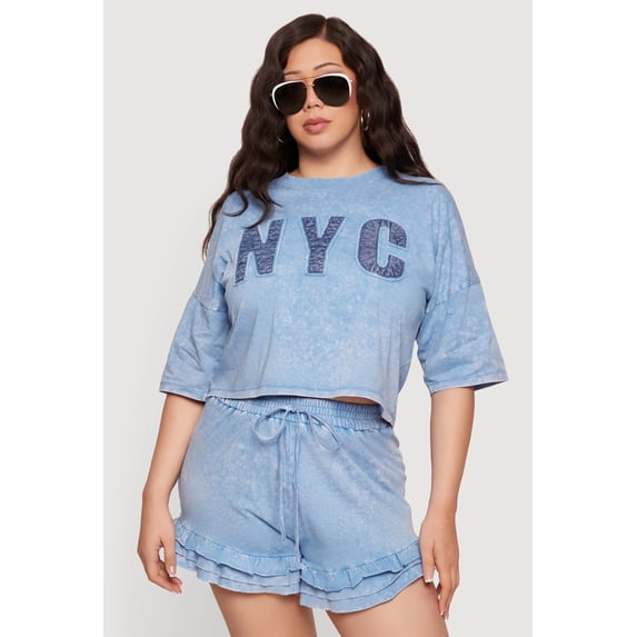 Women's Plus Size Acid Wash NYC Graphic Cropped Tee