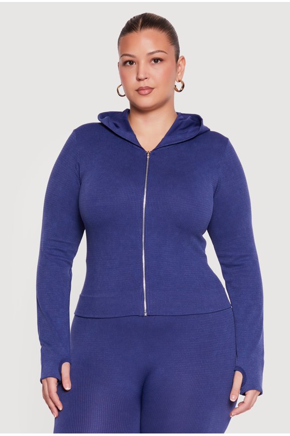 Women's Plus Size Acid Wash Ribbed Hooded Jacket with Thumb Holes