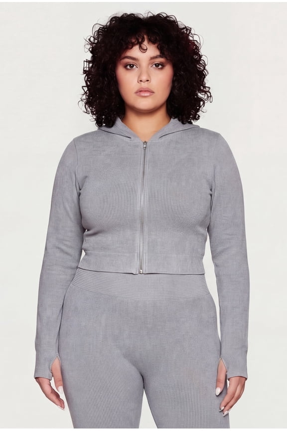 Women's Plus Size Acid Wash Ribbed Hooded Jacket with Thumb Holes
