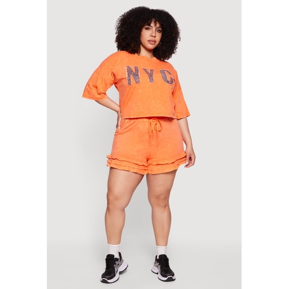 Women's Plus Size Acid Wash Ruffle Trim Shorts