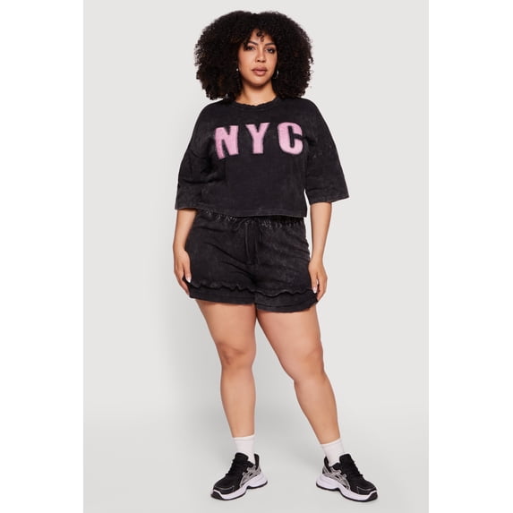 Women's Plus Size Acid Wash Ruffle Trim Shorts