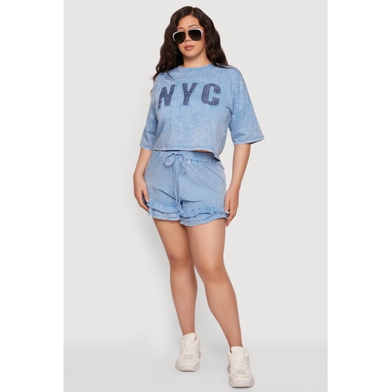 Women's Plus Size Acid Wash Ruffle Trim Shorts