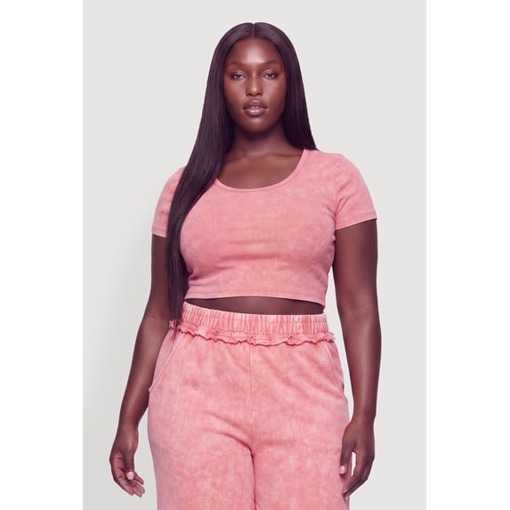 Women's Plus Size Acid Wash Short Sleeve Crop Top