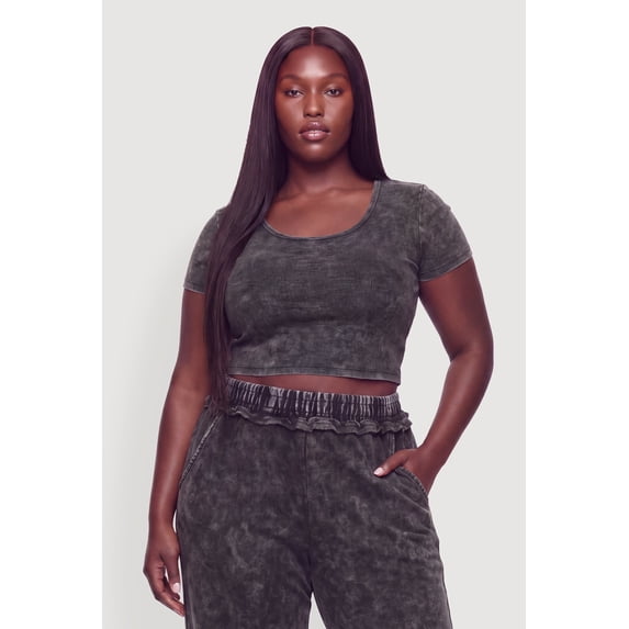 Women's Plus Size Acid Wash Short Sleeve Crop Top