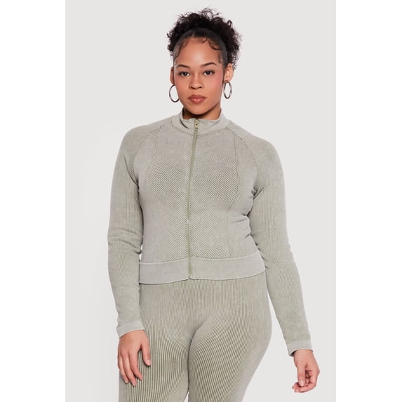 Women's Plus Size Acid Wash Zip Front Track Jacket