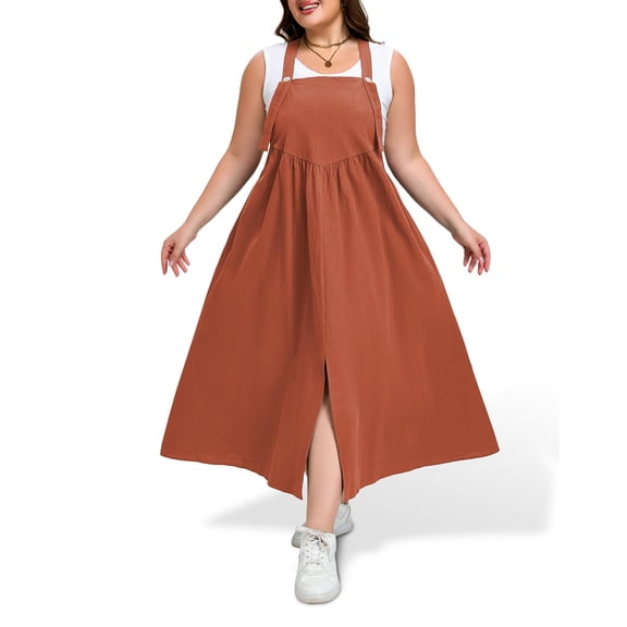 Women's Plus Size Adjustable Strap Jumper Dress with Pockets - Casual A-Line Maxi Dress - Orange XXXL