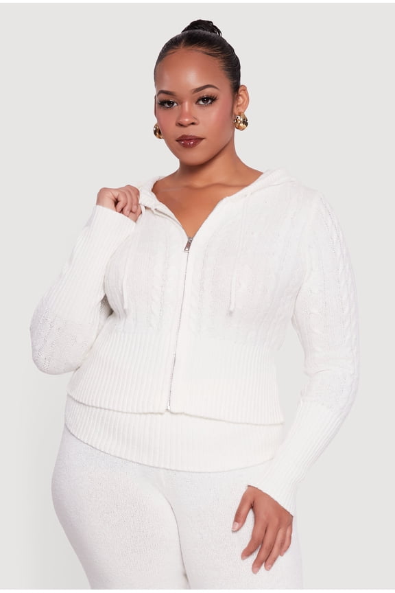 Women's Plus Size Almost Famous Brushed Cable Knit Hooded Cardigan