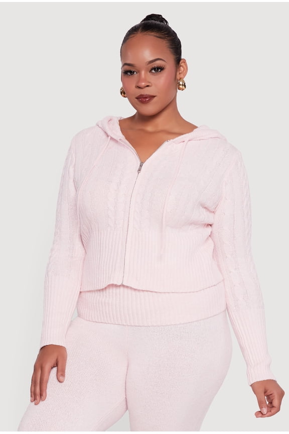 Women's Plus Size Almost Famous Brushed Cable Knit Hooded Cardigan