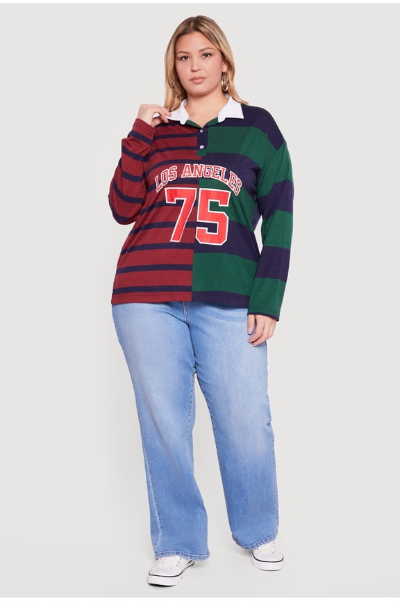 Women's Plus Size Almost Famous Color Block Striped Graphic Polo Shirt
