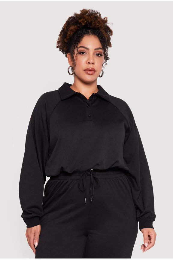 Women's Plus Size Almost Famous Drawstring Hem Collared Pullover