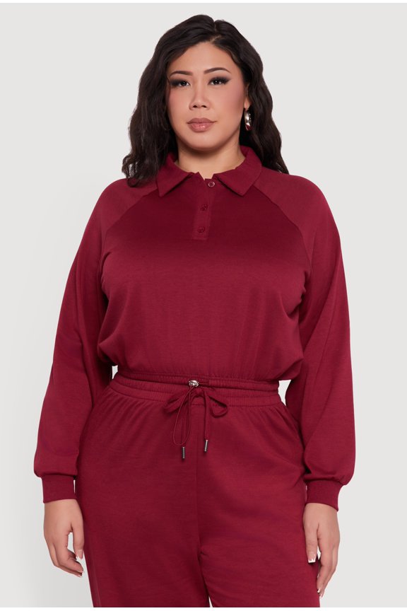 Women's Plus Size Almost Famous Drawstring Hem Collared Pullover
