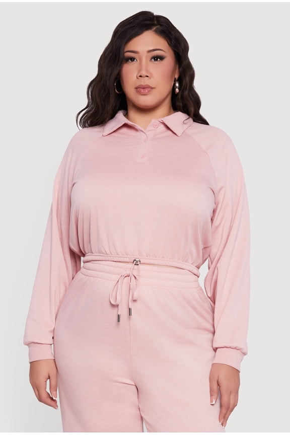 Women's Plus Size Almost Famous Drawstring Hem Collared Pullover