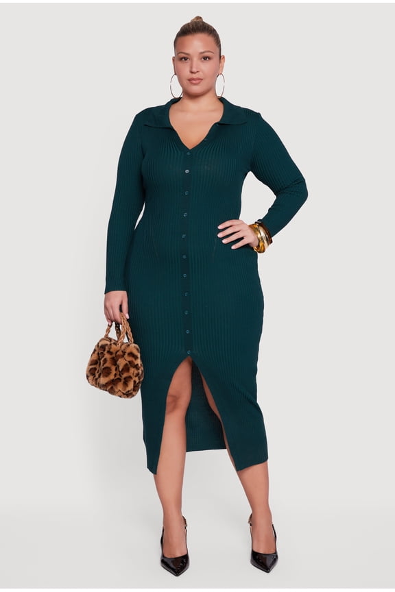 Women's Plus Size Almost Famous Rib Knit Slit Front Sweater Dress