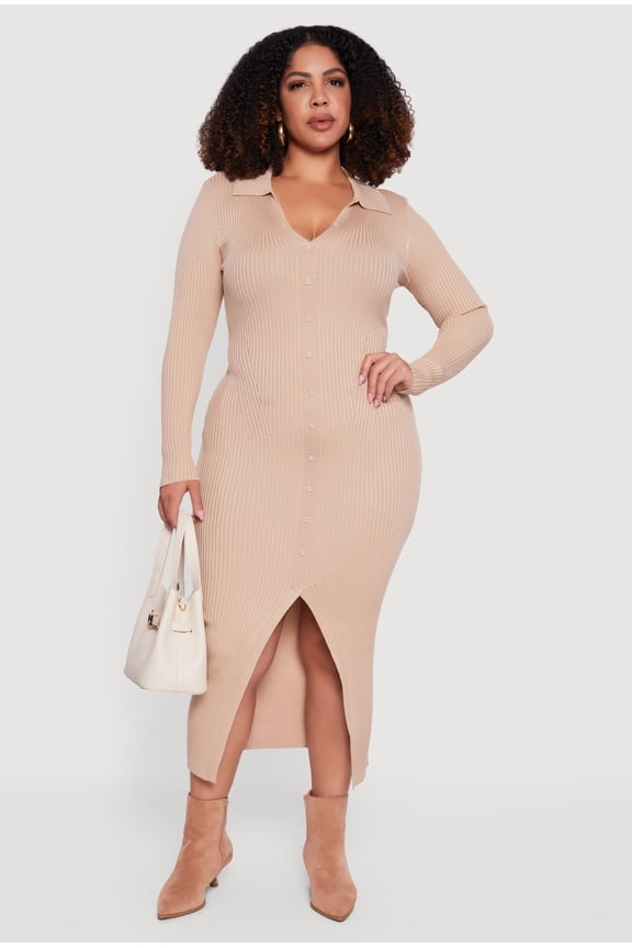 Women's Plus Size Almost Famous Rib Knit Slit Front Sweater Dress