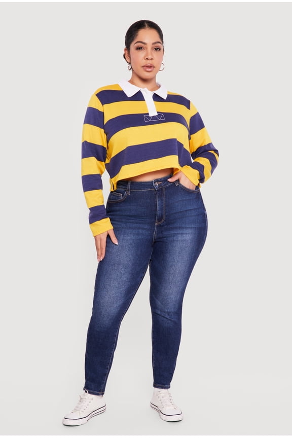 Women's Plus Size Almost Famous Striped Cropped Polo Top
