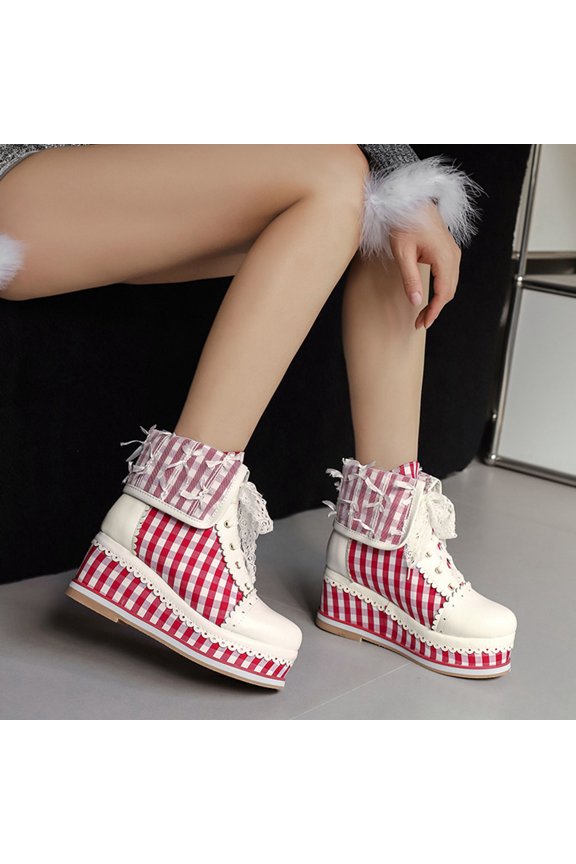 Women's Plus Size And Winter Water Platform Thick Heel Color Blocked Women's Boots Round Toe Lace Lace Lace Lace Up Short Boots