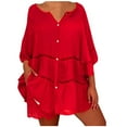 thumbnail image 1 of Women's Plus Size Babydoll Oversize Long Bouse Mini Dress Button Down V Neck T Shirt Dressy Summer Tops Woman 3/4 Sleeve Western Shirts Tunic Solid Color Eyelet Tees Vintage Lady Red XXXXXL, 1 of 9