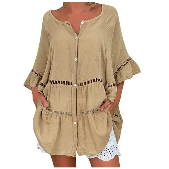 Women's Plus Size Babydoll Oversize Long Bouse Mini Dress Lady Dressy Vintage Summer Tops Woman Tunic Button Down V Neck T Shirt Solid Color Eyelet Tees 3/4 Sleeve Western Shirts Brown XL